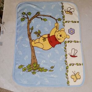 VTG Crown Crafts Winnie The Pooh Blue Plush Blanket Bee Flower Butterfly 42x32"